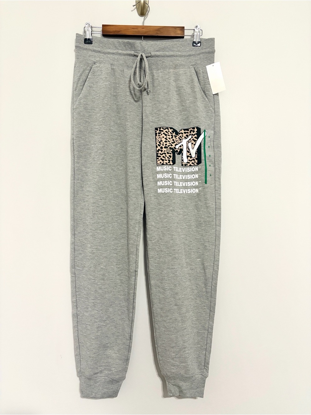 MTV Gray Knit Jogger Pants with Leopard Print Logo NEW Size Small & Medium NWT